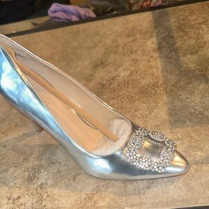 Shimmering Silver Women's Heels with Crystal Accent